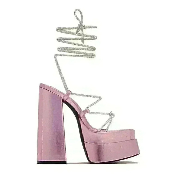 womens pink barbiecore strappy square toe block heel platform SZ 7.5 rhinestone - Picture 2 of 14